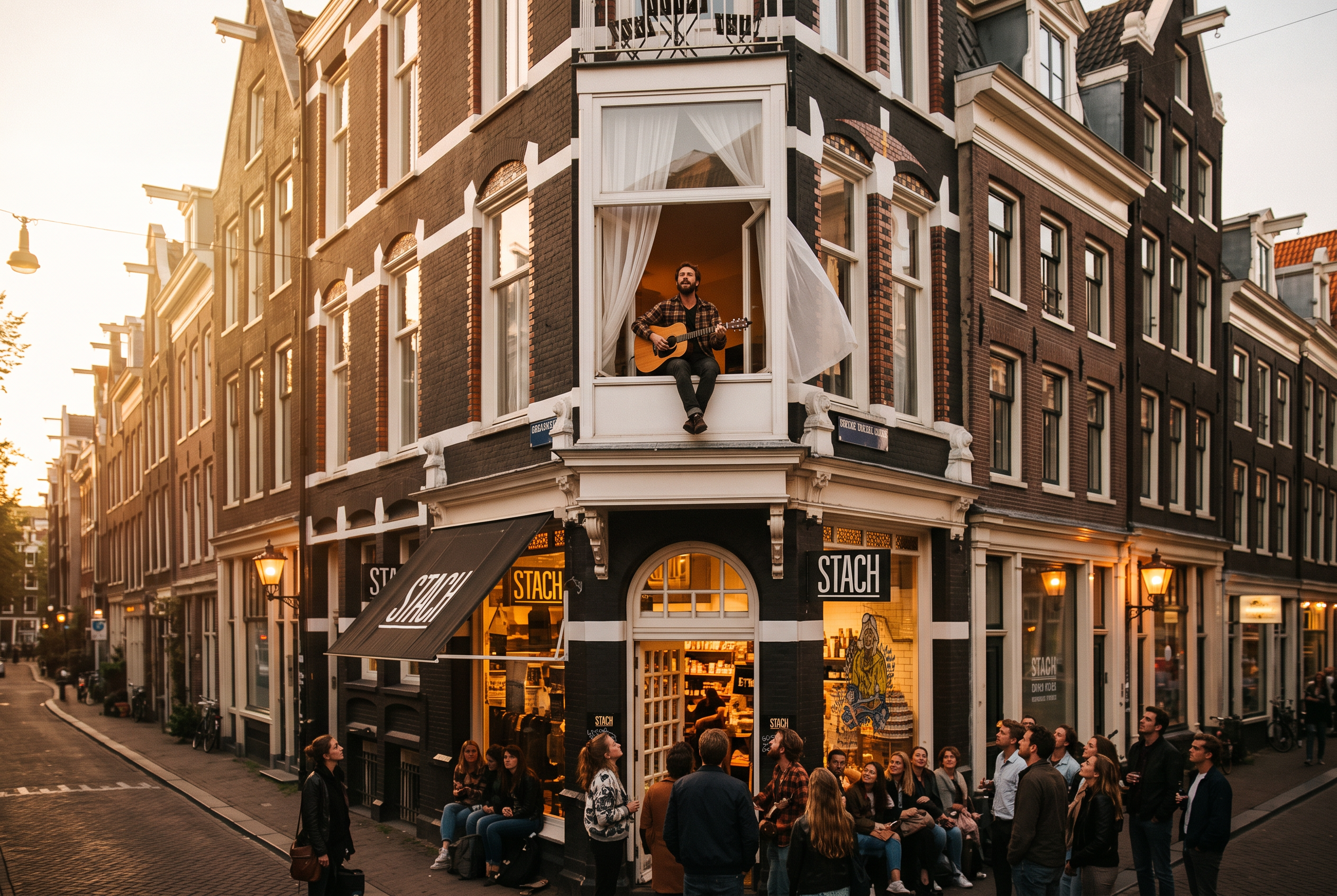 An artist performing from a white bay window on Kerkstraat in Amsterdam